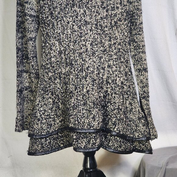 Sioni Black and Gray Boucle Trimmed in Faux Leather Chunky Sweater Cardigan Sz L - Picture 13 of 16